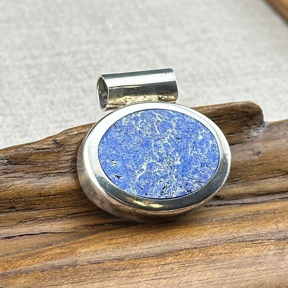 Vintage Mexico ATI Unique Natural Blue Stone 925 Silver Oval Pendant 12.4 g - Picture 2 of 12